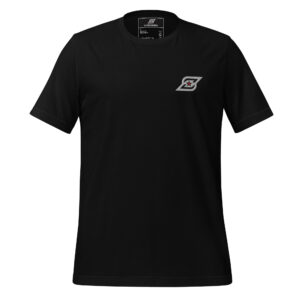 Black t-shirt with a small gray and white letter "S" logo featuring a red star on the left chest.