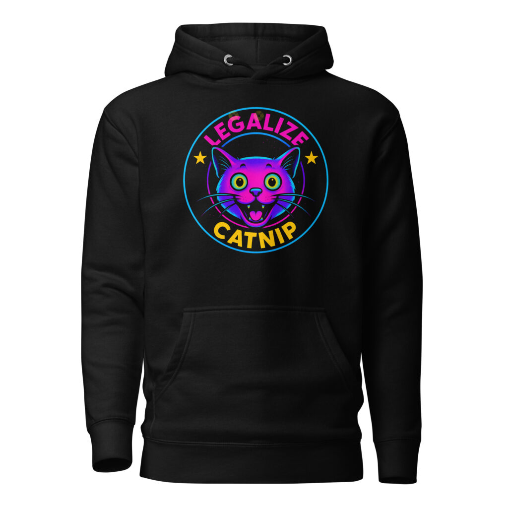 Legalize Catnip Hoodie – Neon Cat Face Graphic, Trippy Unisex Pullover for Rebels & Catnip Advocates
