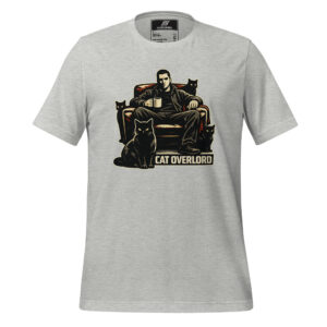Light gray t-shirt featuring a graphic of a man with a coffee mug sitting in an armchair surrounded by three black cats and the text "CAT OVERLORD".
