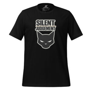 Black t-shirt featuring bold white text "SILENT JUDGEMENT" above a minimalist graphic of a cat's face.