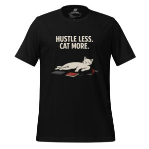 Black t-shirt featuring a relaxed white cat illustration lying on books with the text "HUSTLE LESS. CAT MORE."