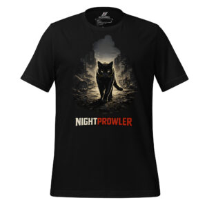 Black t-shirt featuring a realistic illustration of a black cat walking in a dark, ruined city with the text "NIGHT PROWLER" below.