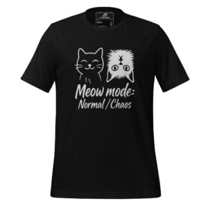 Black t-shirt featuring white line art of a smiling cat and a spiky cat with the text "Meow mode: Normal / Chaos".
