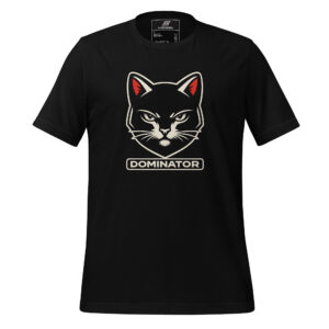 Black t-shirt featuring a large graphic of a serious cat head above the word "DOMINATOR" in bold white letters.