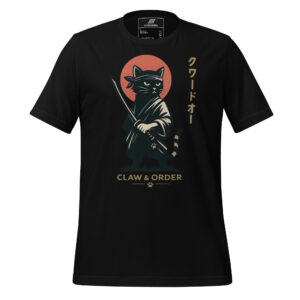 Black t-shirt featuring a samurai cat holding a sword, with a red sun background, Japanese text, and "CLAW & ORDER" below.
