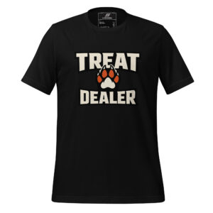 Black t-shirt with large cream text reading "TREAT DEALER" and an orange and white paw print between the words.