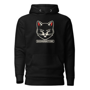 Black hoodie featuring a graphic of a black cat's face with red ears above the word "DOMINATOR" in bold white letters.