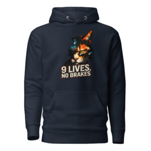 Navy blue hoodie featuring a large realistic orange cat face graphic above bold text that reads "9 LIVES, NO BRAKES."