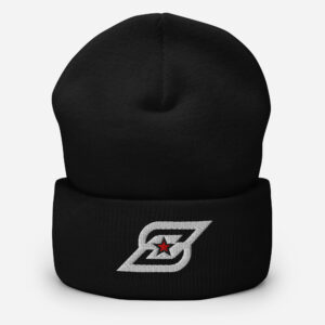 Black beanie featuring a white outlined stylized letter S with a red star inside the design on the front cuff.