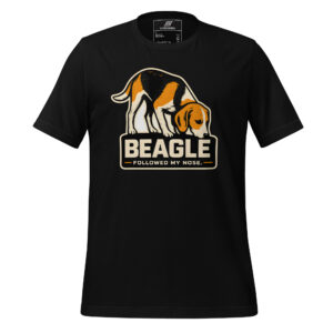 Black t-shirt featuring a beagle dog graphic above the text "BEAGLE" and "FOLLOWED MY NOSE."