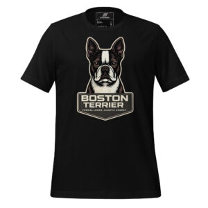 Black t-shirt featuring a large illustration of a Boston Terrier dog and text that reads "BOSTON TERRIER Formal looks, chaotic energy".
