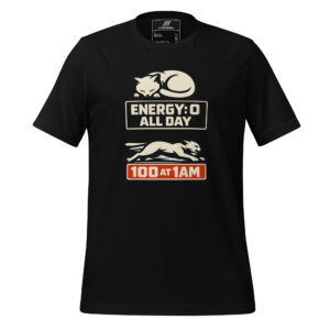 Black t-shirt featuring a sleeping cat above the text "ENERGY: 0 ALL DAY" and a running cat above "100 AT 1AM" in bold letters.