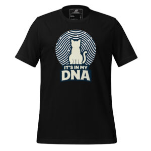 Black t-shirt featuring a white cat silhouette in front of a fingerprint design with the text "IT'S IN MY DNA" below.