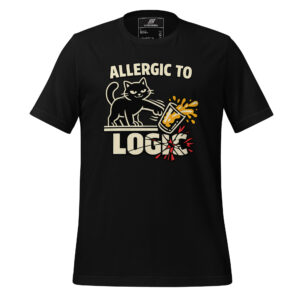 Black t-shirt featuring a cartoon cat knocking over a glass with the text "ALLERGIC TO LOGIC" in bold letters.