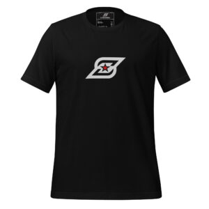Black t-shirt with a large white geometric logo featuring a star and a red accent printed on the chest.